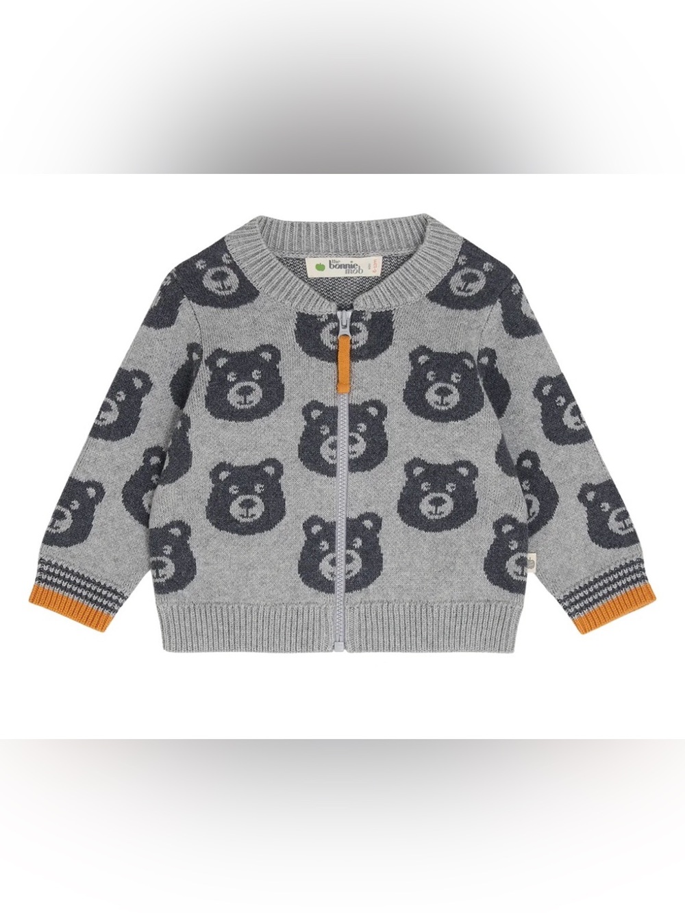 Bonnie Mob Kids Bear jaquard knitted cardigan in grey with zip front size 4-5